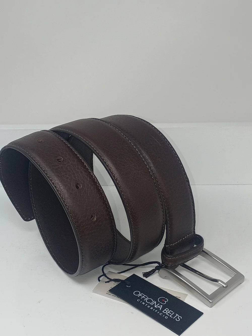 Men's Italian Officina, Brown Genuine Leather Belt with Silver Buckle